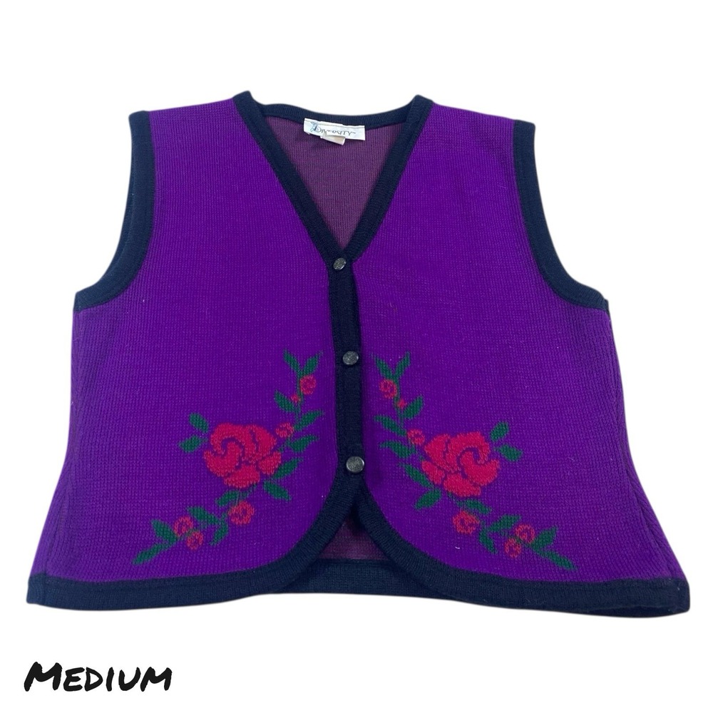 Vintage 90s Vest Women's MEDIUM Purple‎ Knit Rose Pattern USA Made Acrylic Black